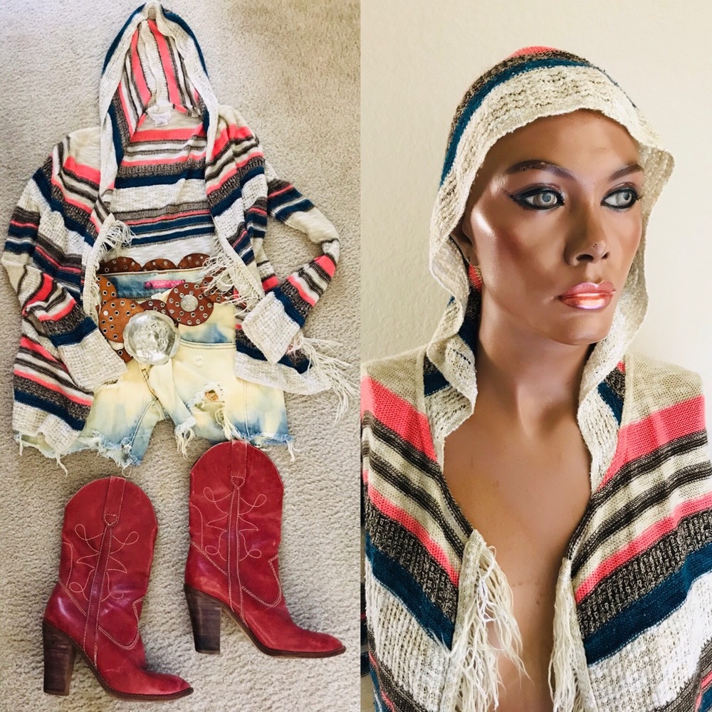 FULL TILT Sarape Print Fringed Festival Style HOODIE Cardigan SWEATER XL
